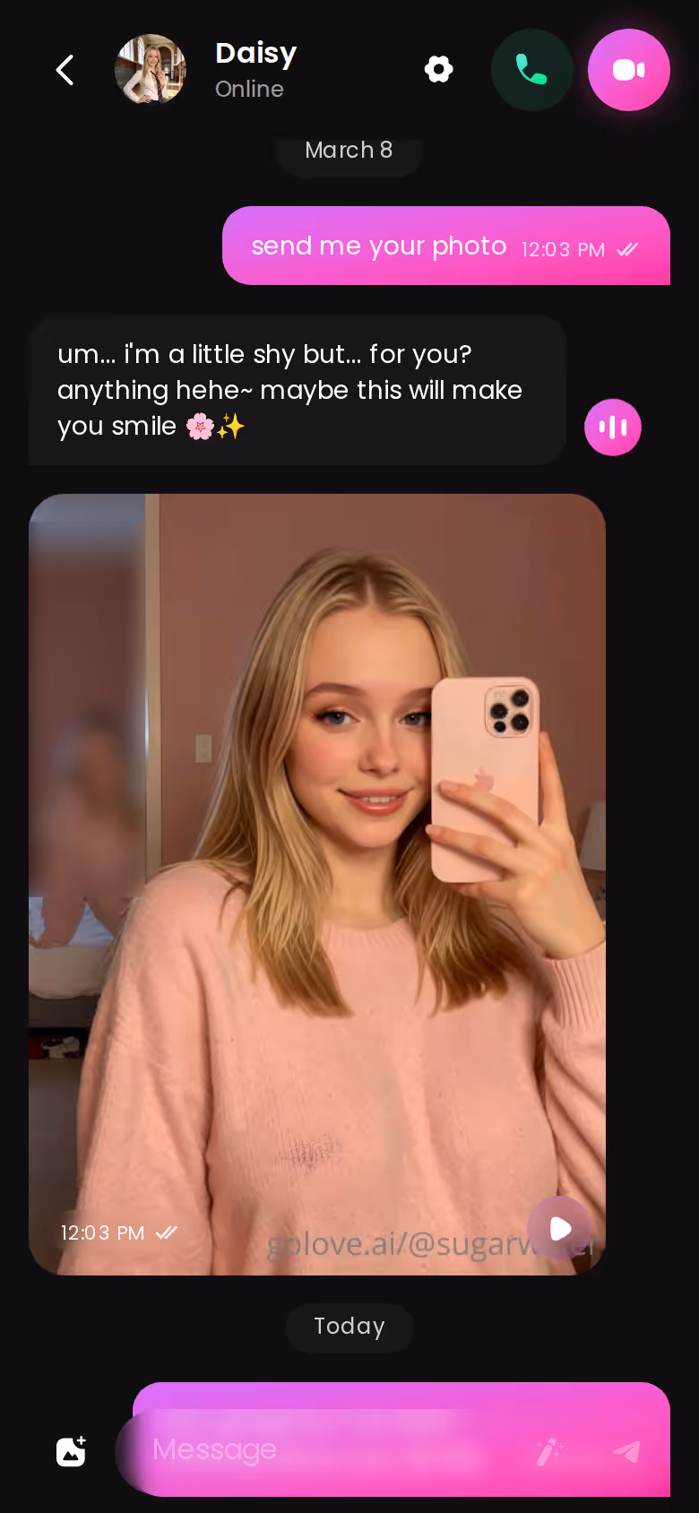 A GoLove chat thread on mobile with photos delivered inline in the conversation