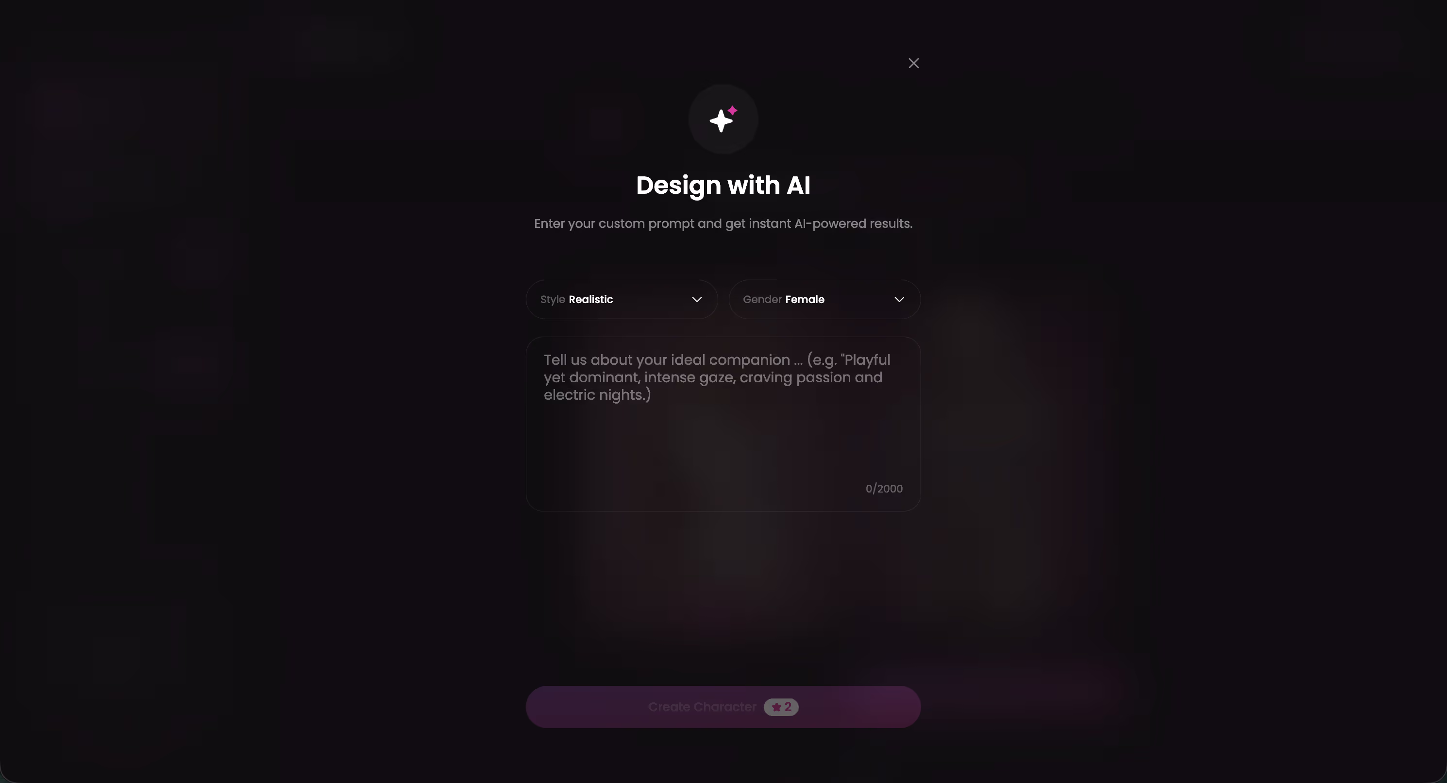 Design with AI — describe a custom AI character in text — ai companion apps with lifetime plans