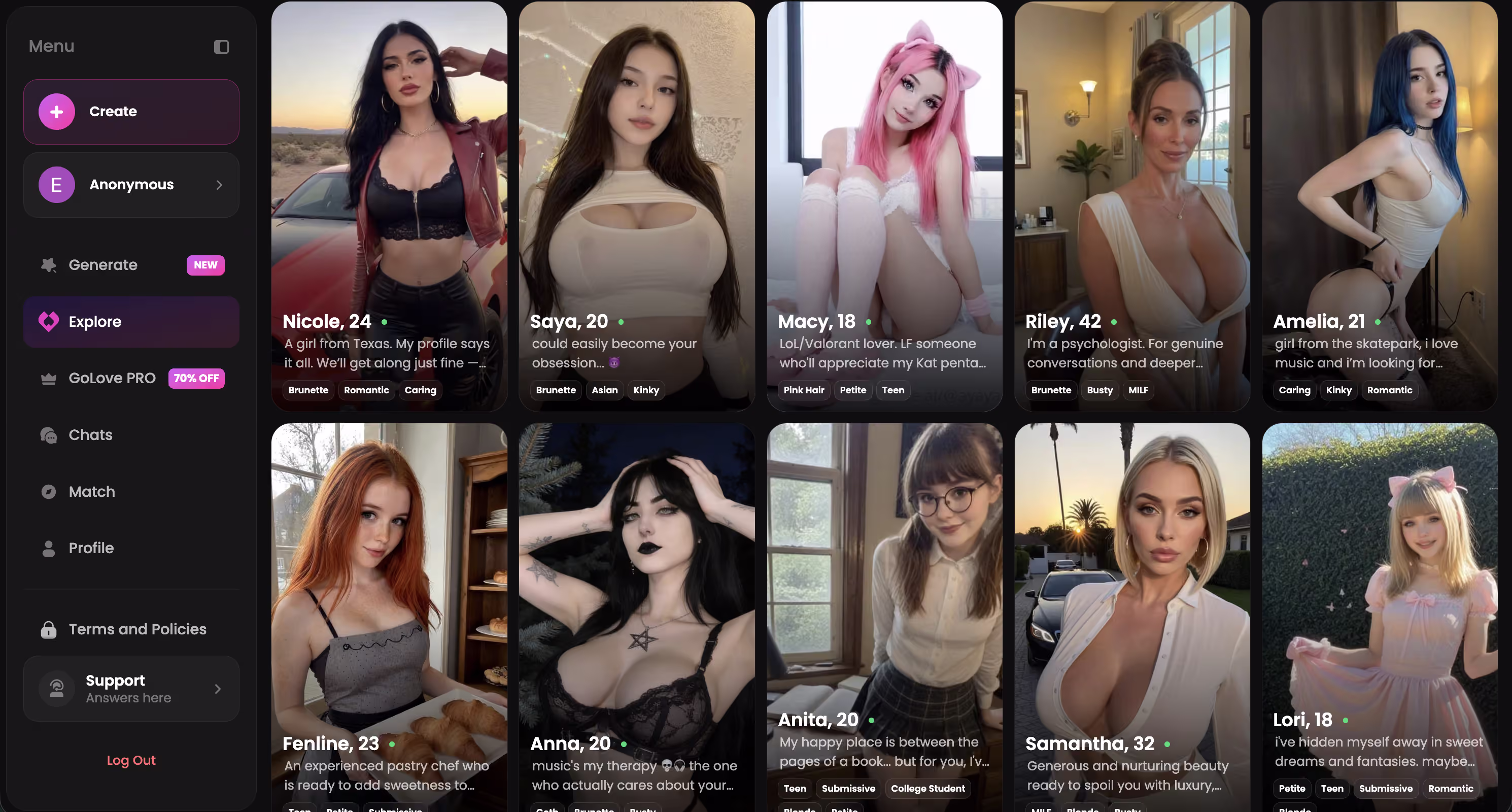 Explore page with realistic AI girlfriend roster — character ai vs kindroid