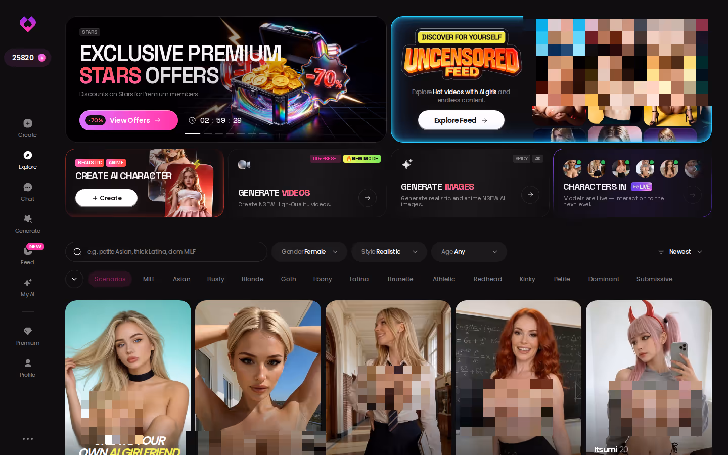 GoLove.ai Explore top — promo banners, tag filters and the character grid — romantic ai