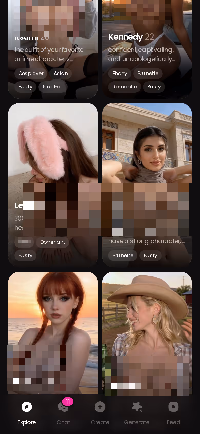 GoLove.ai mobile Explore grid of realistic characters, each one a tap away from a chat