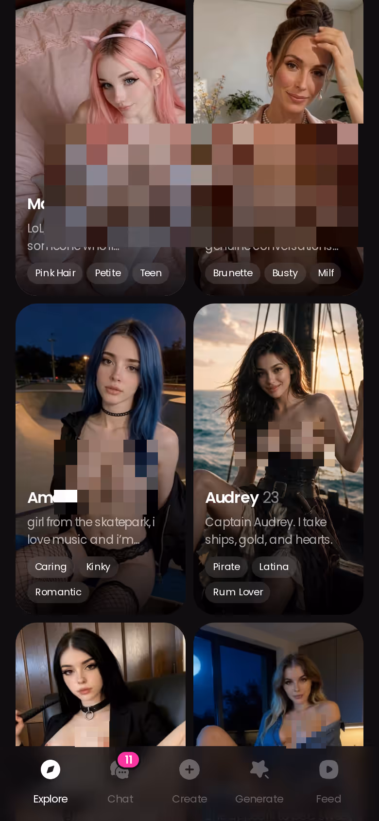 GoLove Explore page on mobile showing realistic character cards with personality tags