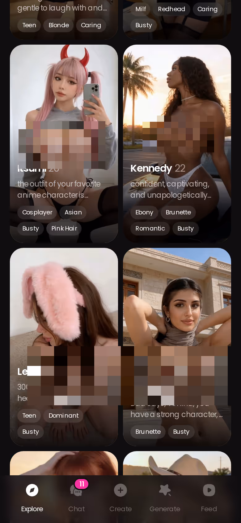 GoLove Explore page on mobile showing the realistic character roster