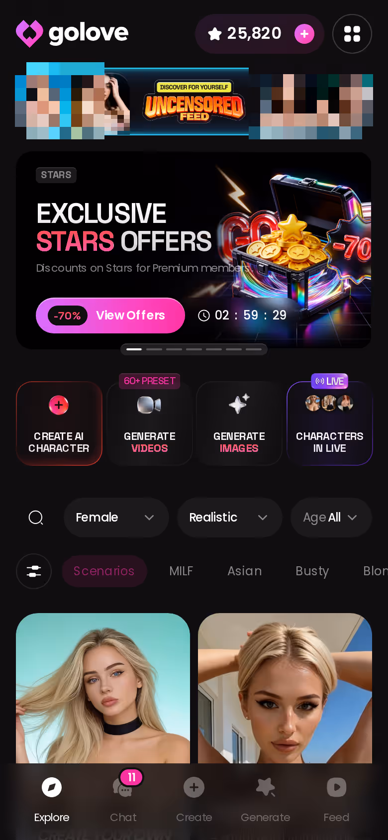 GoLove.ai Explore page on mobile showing realistic AI girlfriend profiles to browse before starting a chat