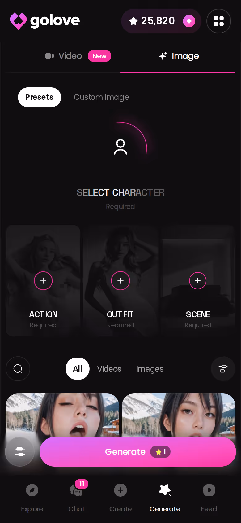 GoLove mobile image generation mode with pose and outfit presets